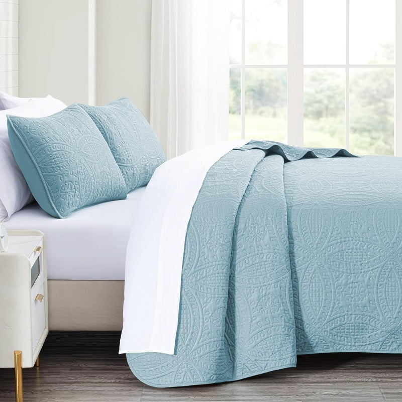 akkialla Twin Quilt Bedding Set Sky Blue Ultrasonic Quilt Set Lightweight Soft Bedspread Coverlet Modern Style Coin Pattern Bed Cover for All Seasons 2 Piece(1 Quilt 1 Pillow Sham) - Image 4